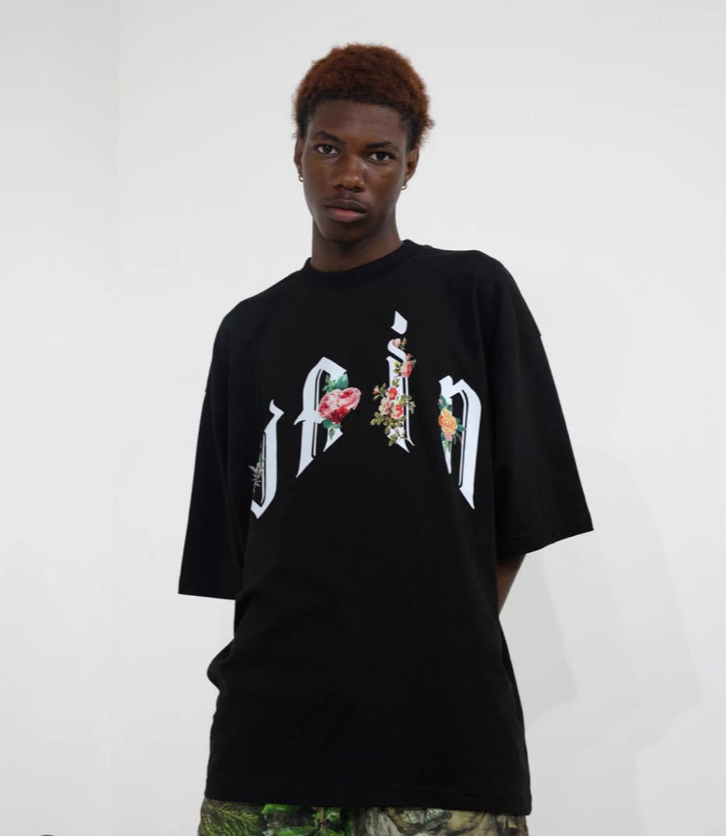 Floral  Design "Vain" Oversized Black T-Shirt