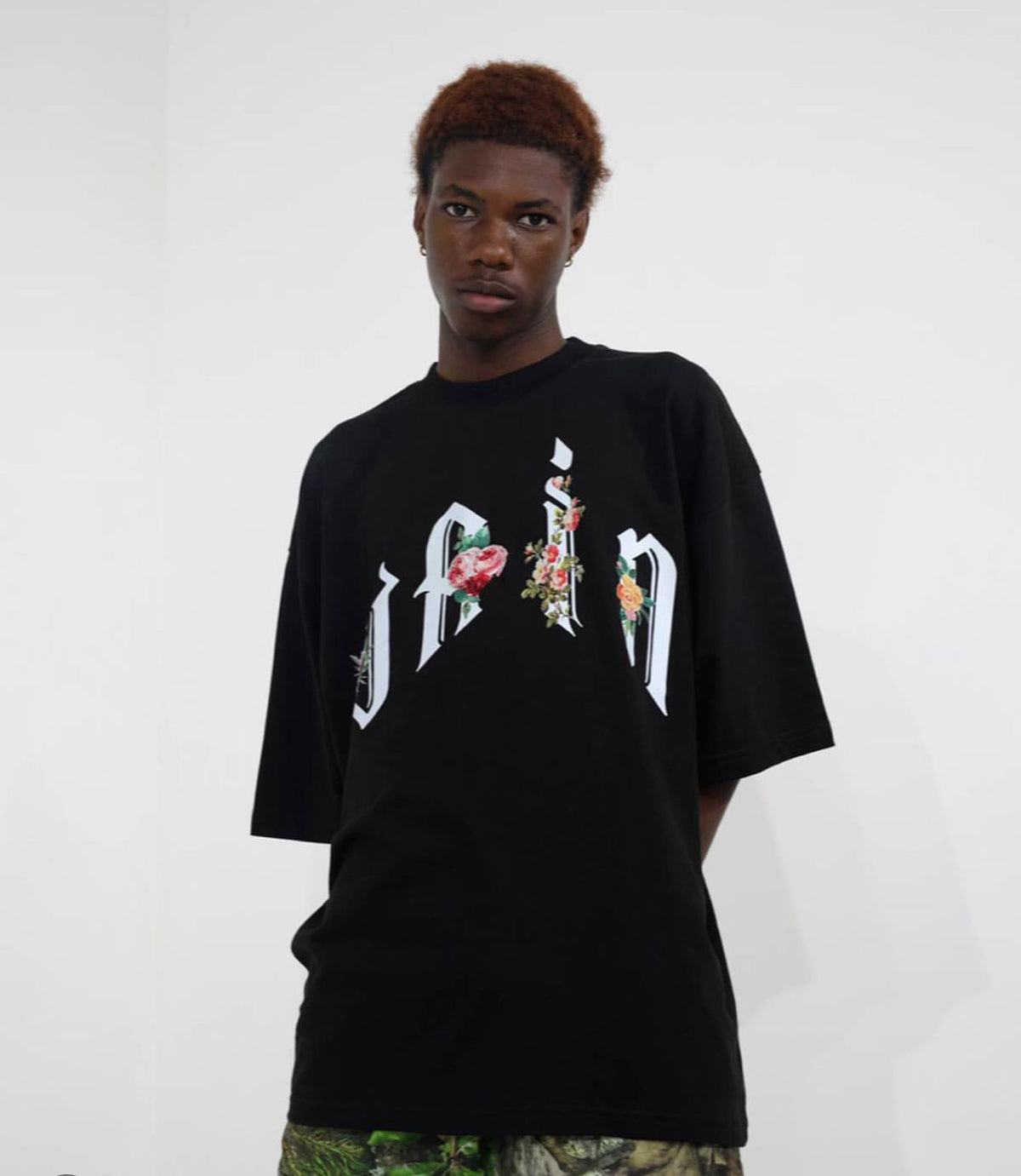 Floral  Design "Vain" Oversized Black T-Shirt