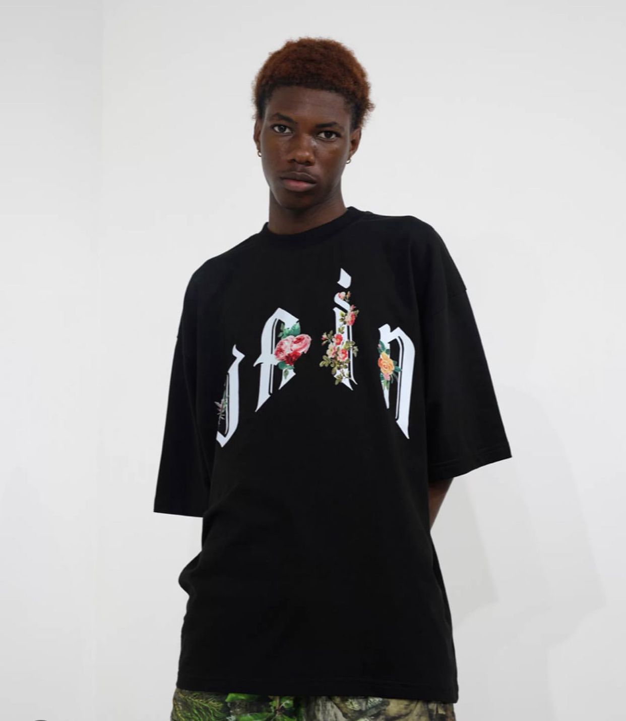 Floral  Design "Vain" Oversized Black T-Shirt