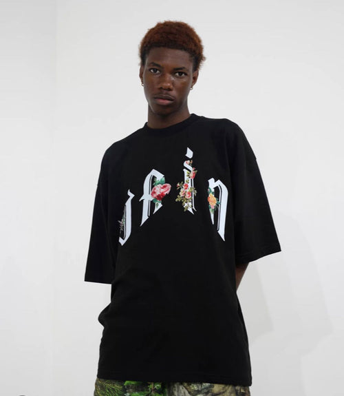 Floral  Design "Vain" Oversized Black T-Shirt