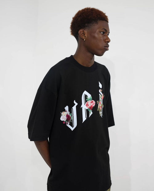 Floral  Design "Vain" Oversized Black T-Shirt